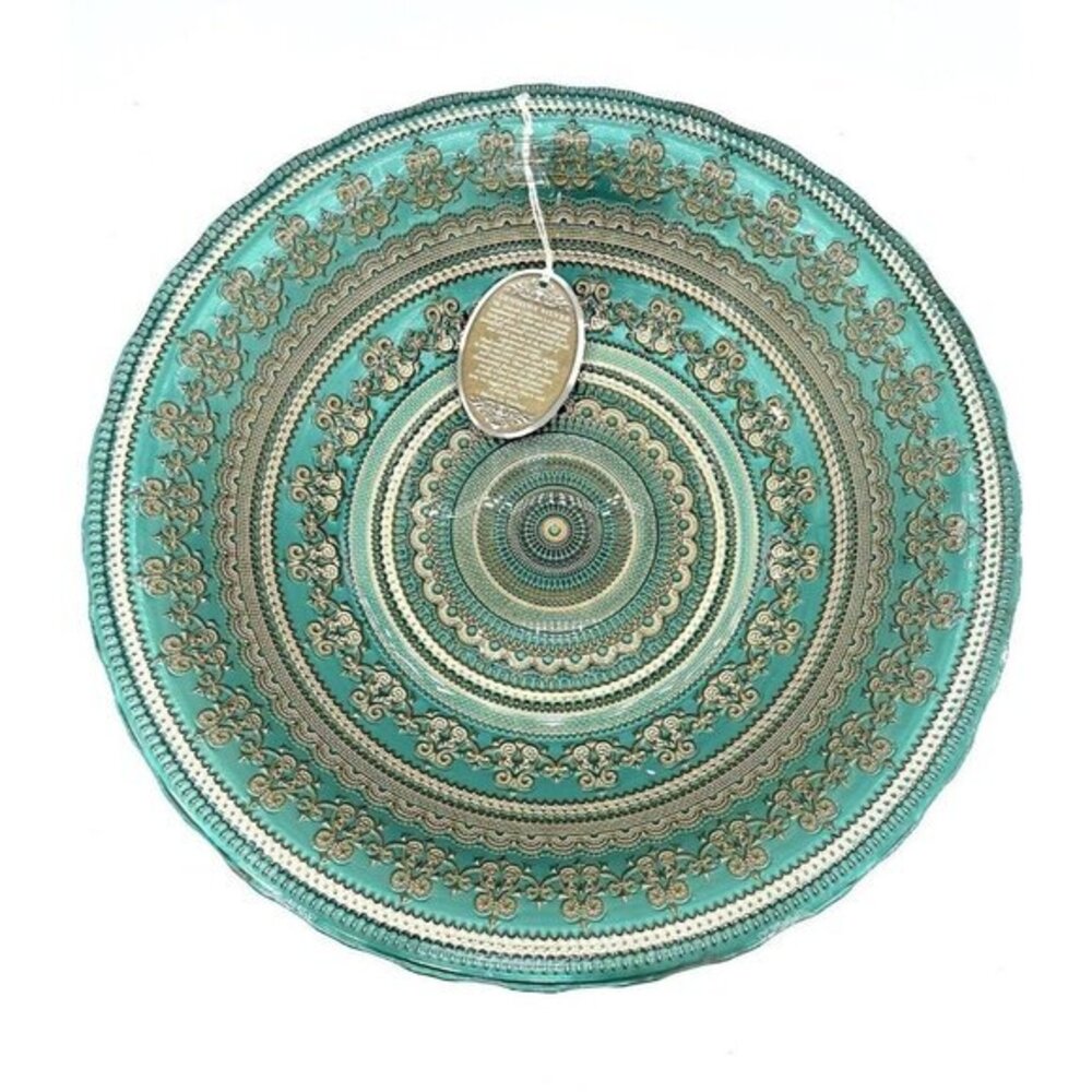 Turkish Glass Bowl Serving Dinner Gold Oriental Lace Emerald Green 15.75” NWT XL